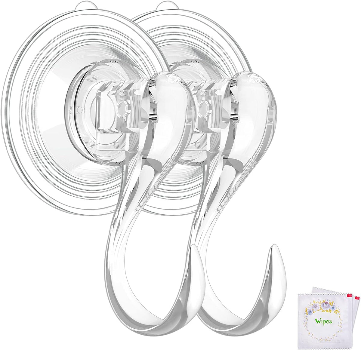 VIS'V Suction Cup Hooks, Small Shower Suction Hooks with Wipes, Heavy Duty, Removable and Reusable, Clear, 2 Pcs
