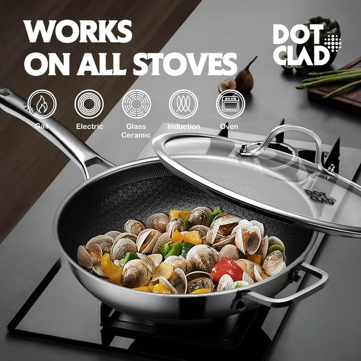 13 Inch Hybrid Stainless Steel Wok with Lid and Steamer Basket, Non Stick Stir Fry Pan, PFOA-Free, Works on Induction, Dishwasher & Oven Safe