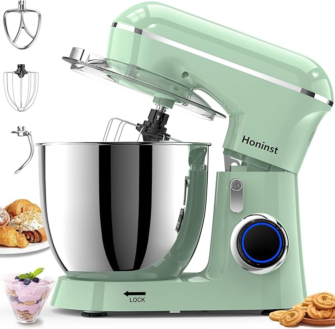 Honinst Stand Mixer, 6.5QT 10-Speed Tilt-Head Electric Stand Mixer, 3-In-1 Kitchen Mixer with Bowl, Dough Hook, Whisk and Beater, Food Mixer for Baking, Cake and Most Home Cooks, Light Green