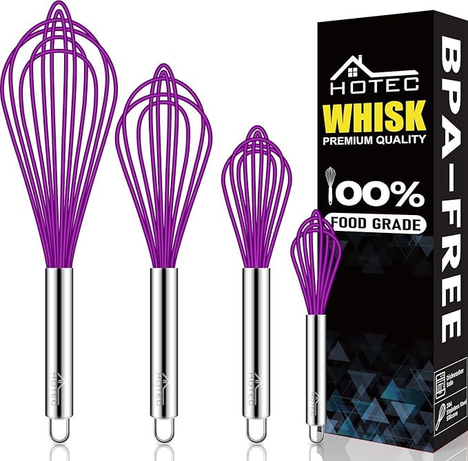 HOTEC 4 Pieces Silicone Whisks Set, Wire Balloon Whisks Egg Beater, Non-slip Handle Whisk for Non-stick Cookware Perfect for Cooking, Stirring, Beating and Blending (Purple)