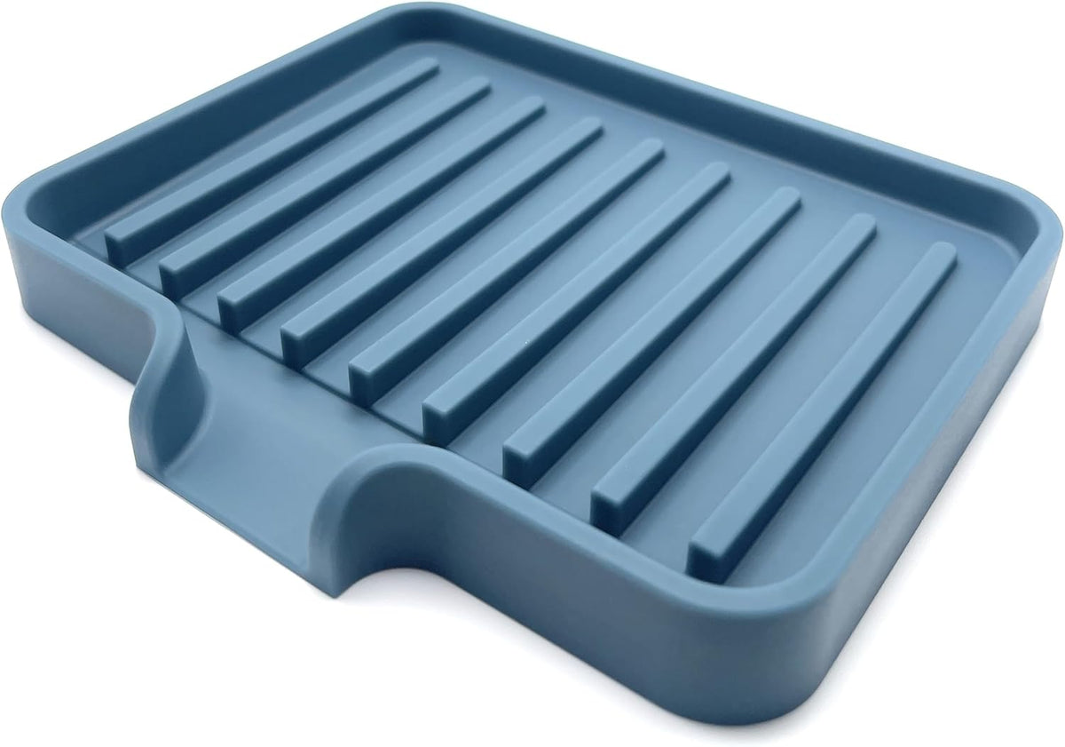 Happitasa Silicone Soap Dish Tray and Sponge Holder with Drain Chute, Pack of 2 | Bathroom and Kitchen Sink Organizer Caddy (Smoky Blue, 5.2"x4", 7.2 Ounces)