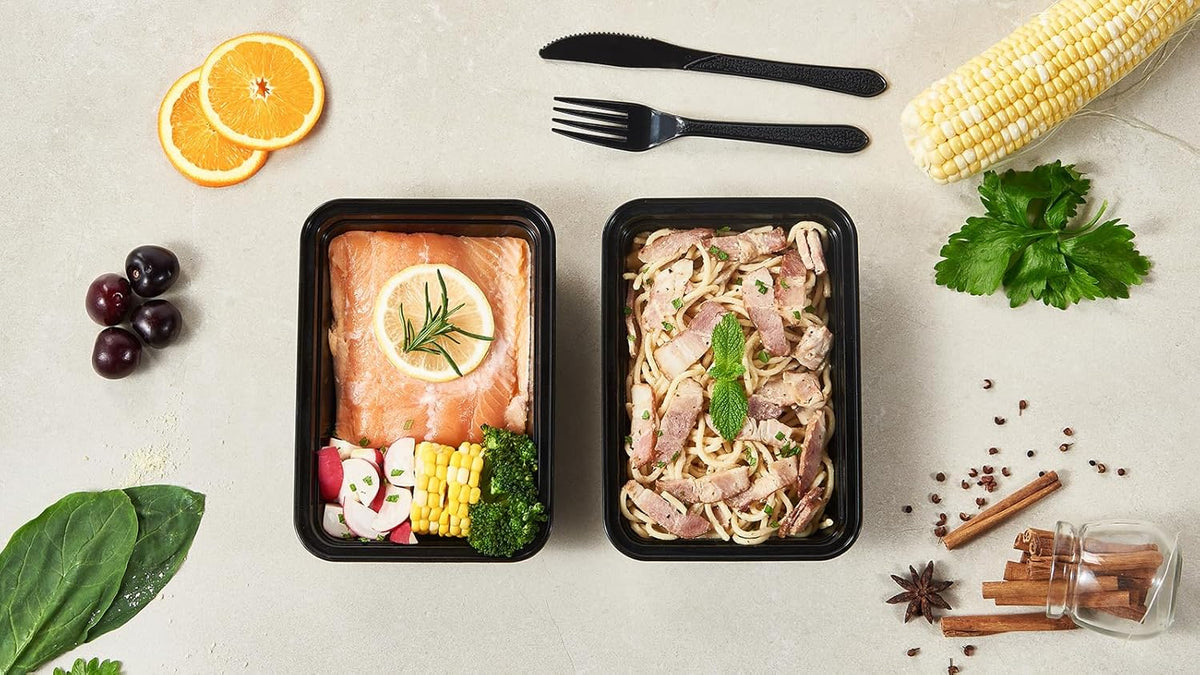 24 oz Meal Prep Containers With Lids Reusable 150 Pack Extra-thick Plastic Food Storage Black Disposable To Go Lunch Box BPA Free Stackable Microwave Dishwasher Freezer Safe (Formerly FULING)