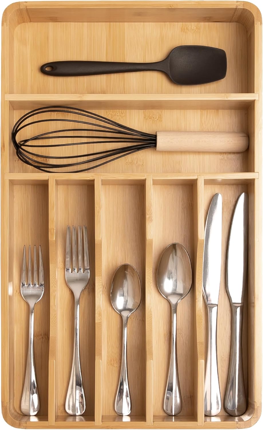 KitchenEdge Silverware Organizer - Cutlery, Flatware, and Utensil Holder for Kitchen Drawers, Fixed 10.5” Width, 7 Storage Compartments, Non-Slip Feet, Rounded Corners, 100% Bamboo