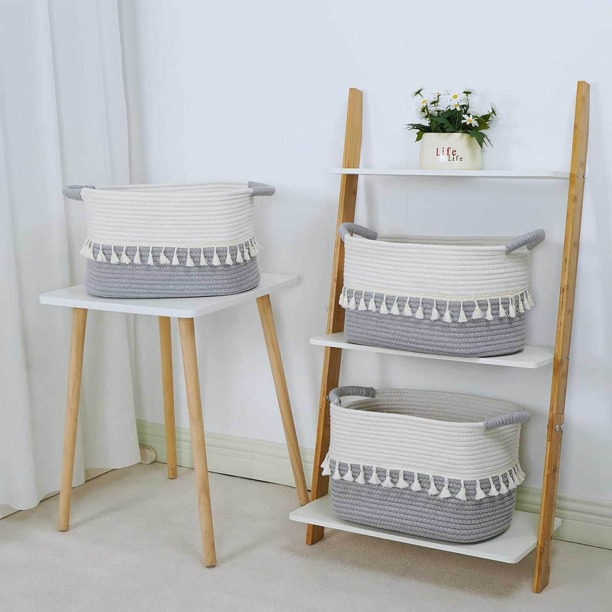 TeoKJ Storage Basket 3 Pack for Organizing, Cotton Rope Baskets for Toy, Clothes, Blankets, Decorative Basket for Living Room, Nursery, Bathroom, White & Gray