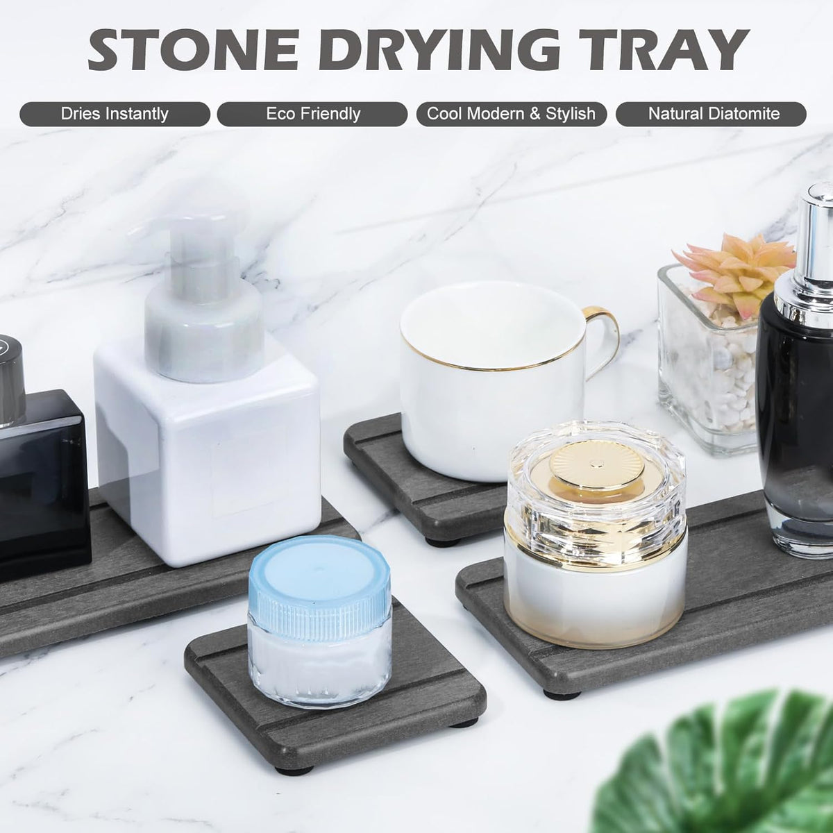 4PCS Stone Drying Trays for Bathroom Sink and Kitchen Counter, Water Absorbing Stone Tray with Diatomaceous Earth, Soap Dish and Coaster