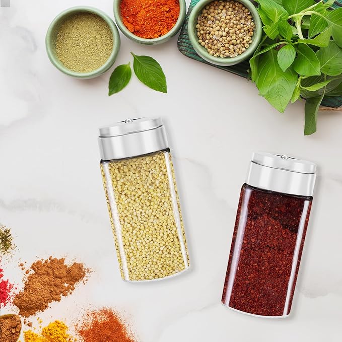 Segarty Spice Jar with Shaker Lids, 3 Pack 4 oz Glass Spice Jars with Adjustable Pour Large Holes, Empty Storage Seasoning Containers Spices Bottles Stainless Lid Salt Shakers for Kitchen Drawer