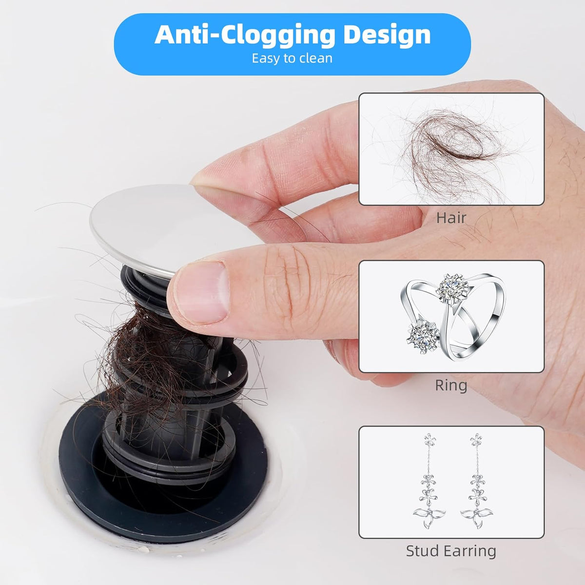 Hibbent 2 Pack Universal Bathroom Sink Drain Stopper, Pop Up Drain Strainer with Overflow, Push and Seal Sink Plug with Basket for Lavatory Vanity Vessel, Anti-Clogging Strainer, Chrome