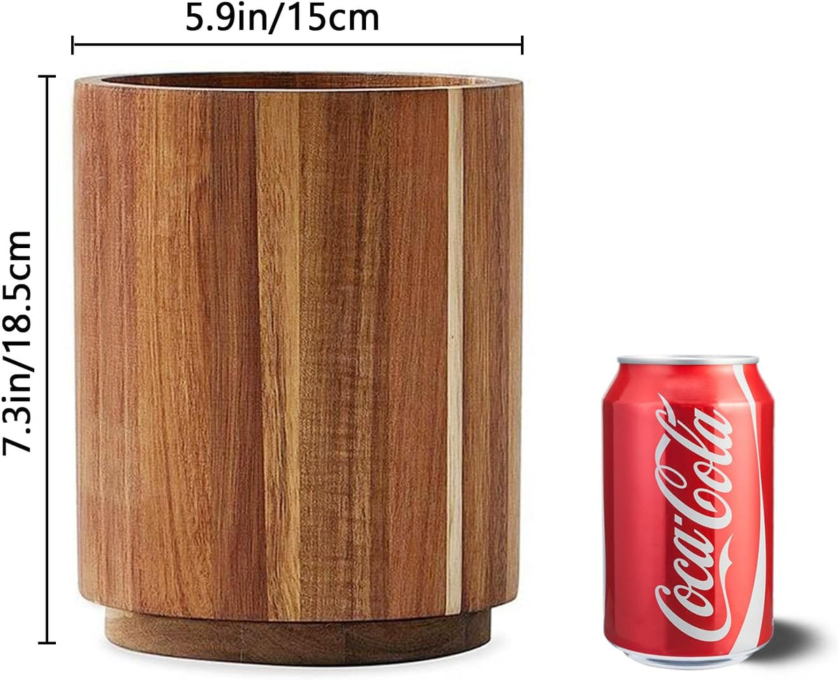 Acacia Wood Utensil Holder for Kitchen Counter, 360° Rotating 7.3" Large Wooden Utensil Holder,Kitchen Utensil Crock for Countertop,Cooking Utensil Storage Organizer,Farmhouse Kitchen Decor