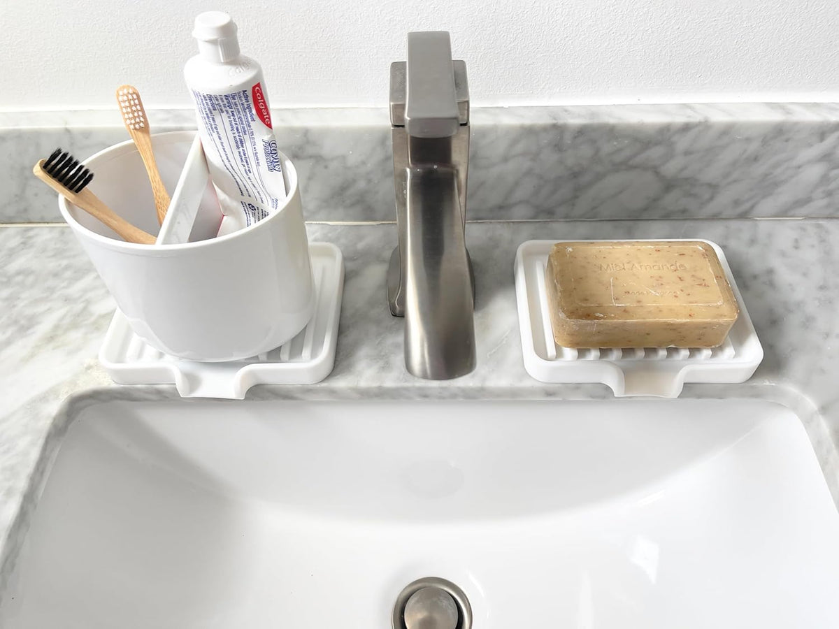Happitasa Silicone Soap Dish Tray and Sponge Holder with Drain Chute, Pack of 2 | Bathroom and Kitchen Sink Organizer Caddy (Black, 5.2"x4", 7.2 Ounces)
