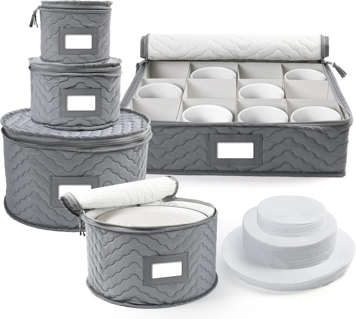 LotFancy China Storage Containers, Quilted 5-Piece Set Storage Box, Chinaware Dinnerware Dish Plate Mug Cup Storage Case, 48 Felt Protectors, Cardboard Dividers Included
