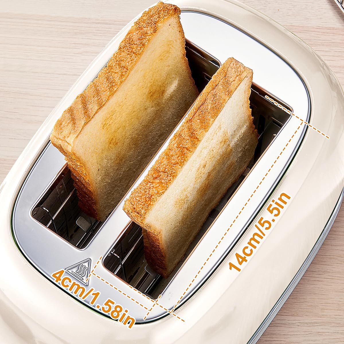 Beige Cute Retro Toaster 2 Slice with 1.58" Wide Slots, Bread toaster with Cover and Warm Rack, Stainless Steel Toaster with Removable Crumb Tray, Preheat, Defrost, Cancel Function (Cream)