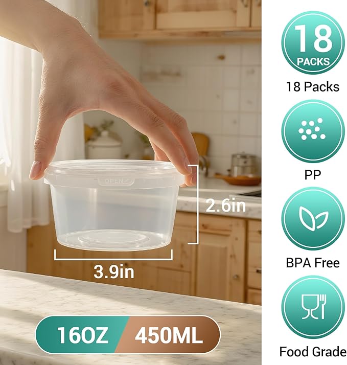 18 Pack 16oz Clear Plastic Bucket with Lid, Food Storage Containers, Freezer Plastic Cups, Leakproof, BPA Free, Microwave & Dishwasher Safe Takeout Container - Ideal for Soup and More