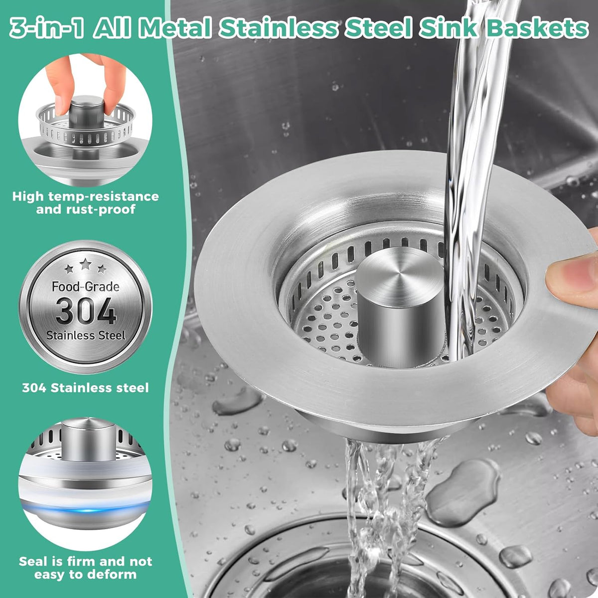 Kitchen Sink Drain Strainer/Strainer Basket, Upgraded 3 in 1 Stainless Steel Pop-up with Anti-Clogging Basket Sink Stopper, Suitable for US Standard 3-1/2" Sink Drain Hole (Brushed Nickel)