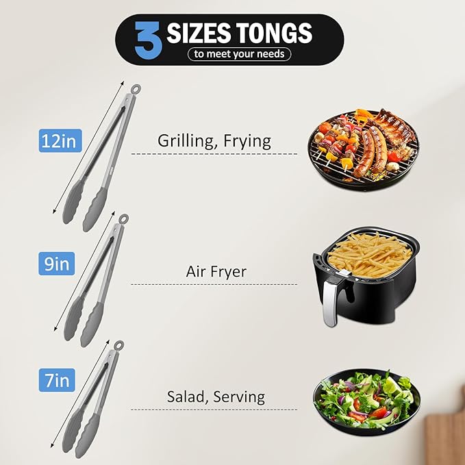 Kitchen Tongs, Set of 3 Stainless Steel Tongs with Silicone Tips Locking Cooking Tongs 600ºF Heat Resistant Tong for Cooking BBQ Grilling Air Fryer Serving Food Salads, 7"+9"+12" Light Grey