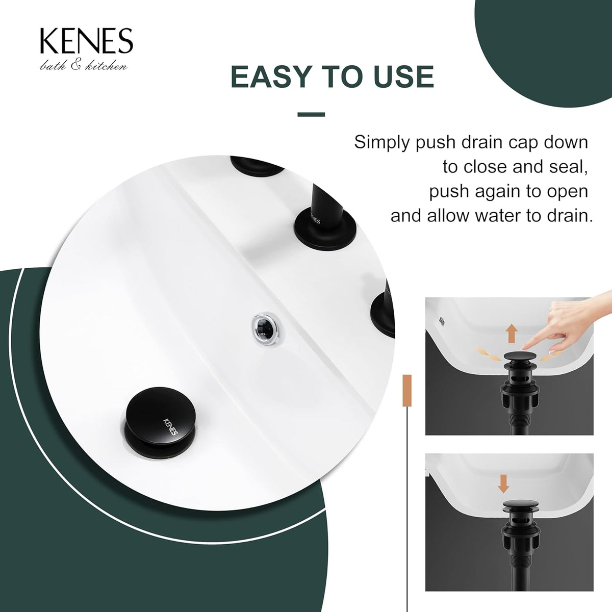 KENES Pop Up Bathroom Sink Drain with Overflow, Matte Black Pop Up Drain Stopper Anti Clog Pop Up Drain Stopper Lavatory Bathroom Vanity Sink Drain