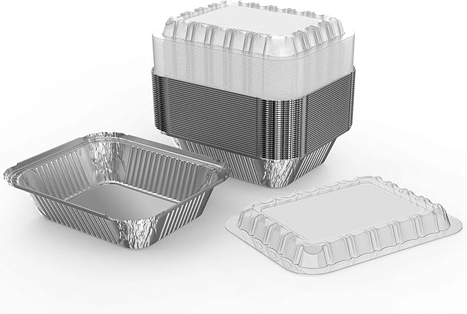 WANBAO 150 PACK 8.3"x6.2" Disposable Tin Foil Pans with Plastic Lids 2.25LB Aluminum Foil Food Containers for Cooking, Baking, Catering Party Meal Prep, Take Out, Freeze, Food Storage