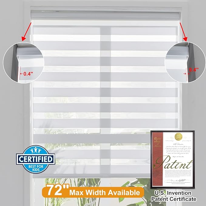 Persilux Cordless Zebra Blinds for Windows Shades (53" W x 72" H, White) Dual Layer Fabric Light Control for Day and Night Room Darkening Sheer Roller Shades for Home, Bedroom and Office