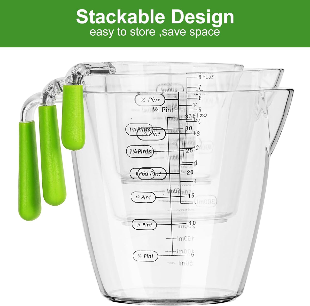 Plastic Measuring Cups Set, 3Pcs BPA Free Stackable Clear Measuring Cup with Spout and Angled Grip Handle, Includes 1 Pint, Oz, ML Measurement for Kitchen Cooking