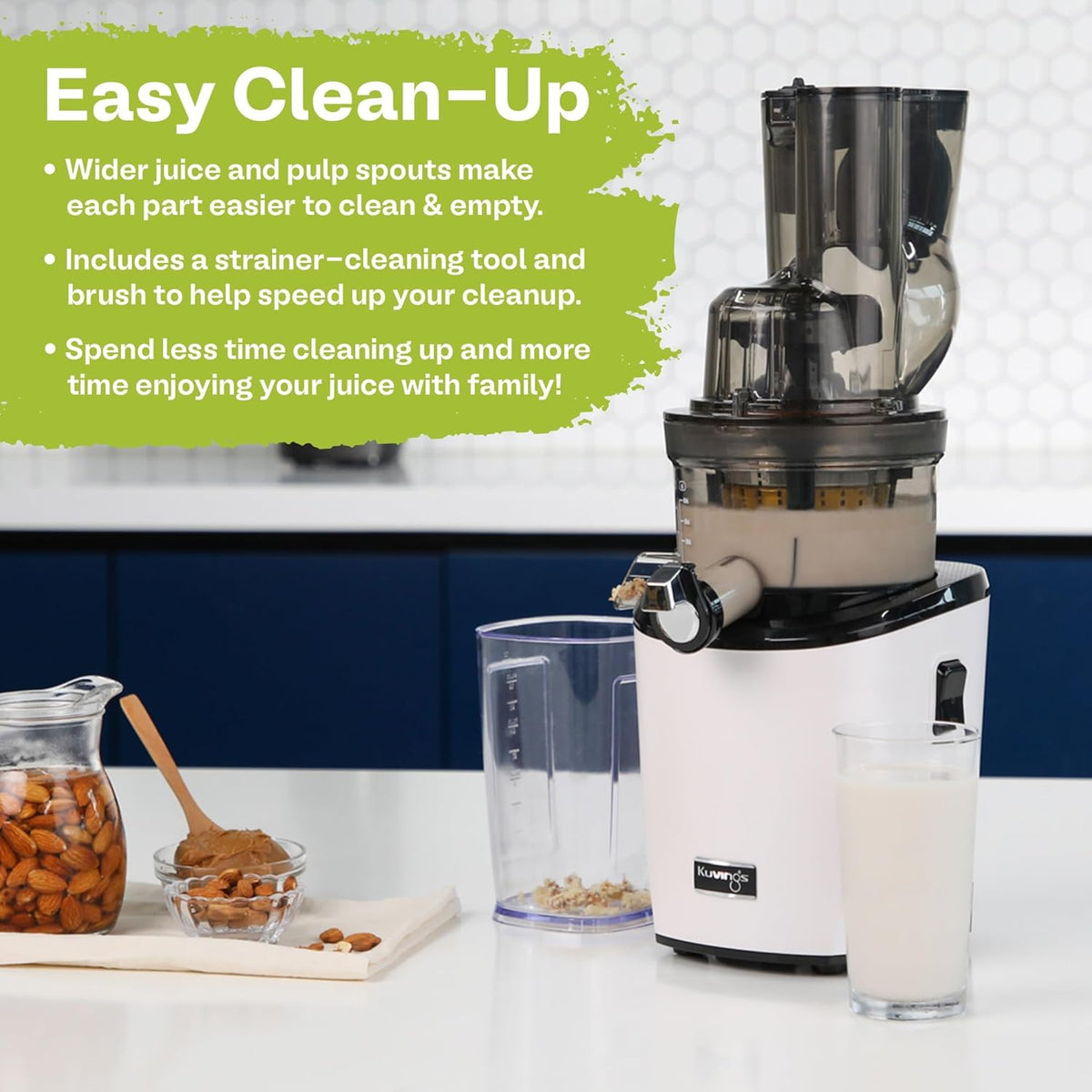 Kuvings Whole Slow Juicer REVO830SWP Cold Press Masticating Juicer Machine - Extra Wide 88mm & 48mm Food Chutes - Quiet Strong Motor Auto-Cut Fruits & Veggies - Smoothie Sorbet Attachment - White