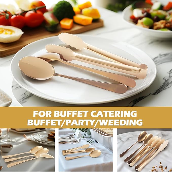 12PCS Stainless Steel Serving Utensils Sets with 8 Large Serving Spoons,4 Serving Tongs,Gold Serving Utensills Sets for Buffet Catering Banquet Party (Gold)