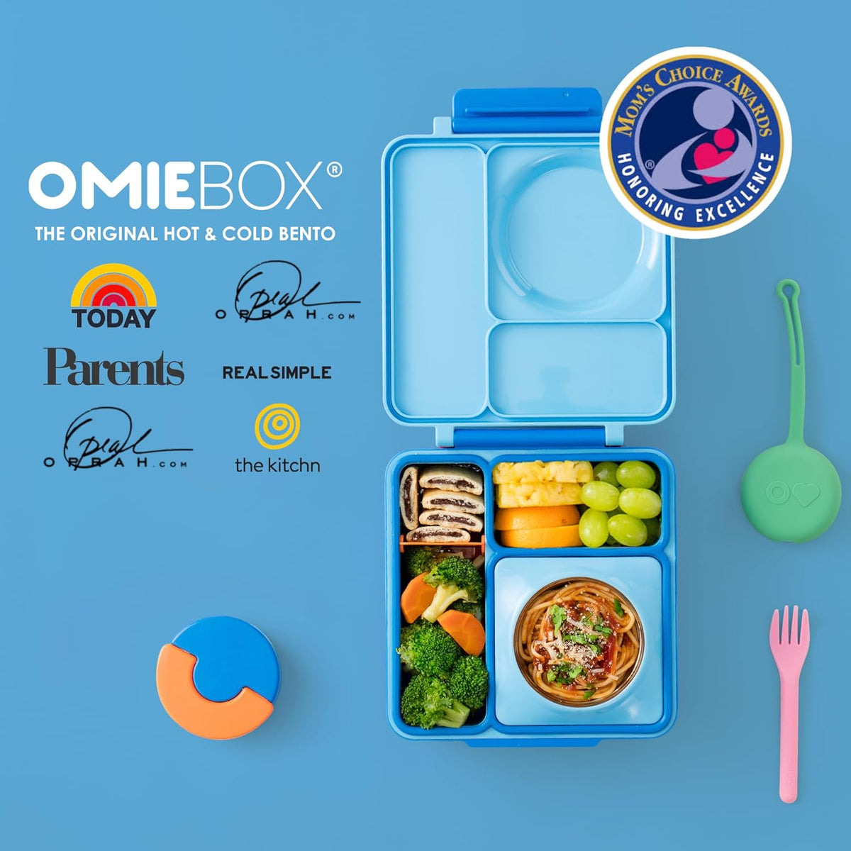 OmieBox Bento Box for Kids - Insulated Bento Lunch Box with Leak Proof Vacuum Insulated Food Jar - 3 Compartments, Two Temperature Zones (Blue Sky)