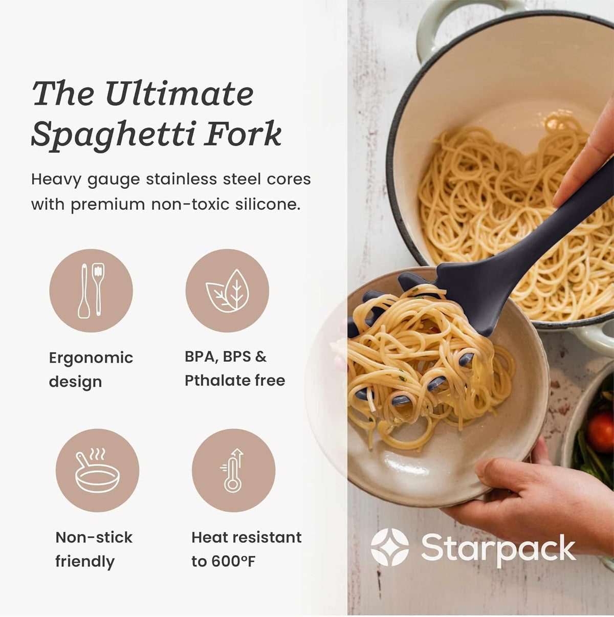 Starpack XL Premium Silicone Pasta Fork (13.5") - Spaghetti Spoon High Heat Resistant to 600°F - Silicone Pasta Spoon Strainer - Pasta Server Spoon with Teeth - Pasta Server Utensil