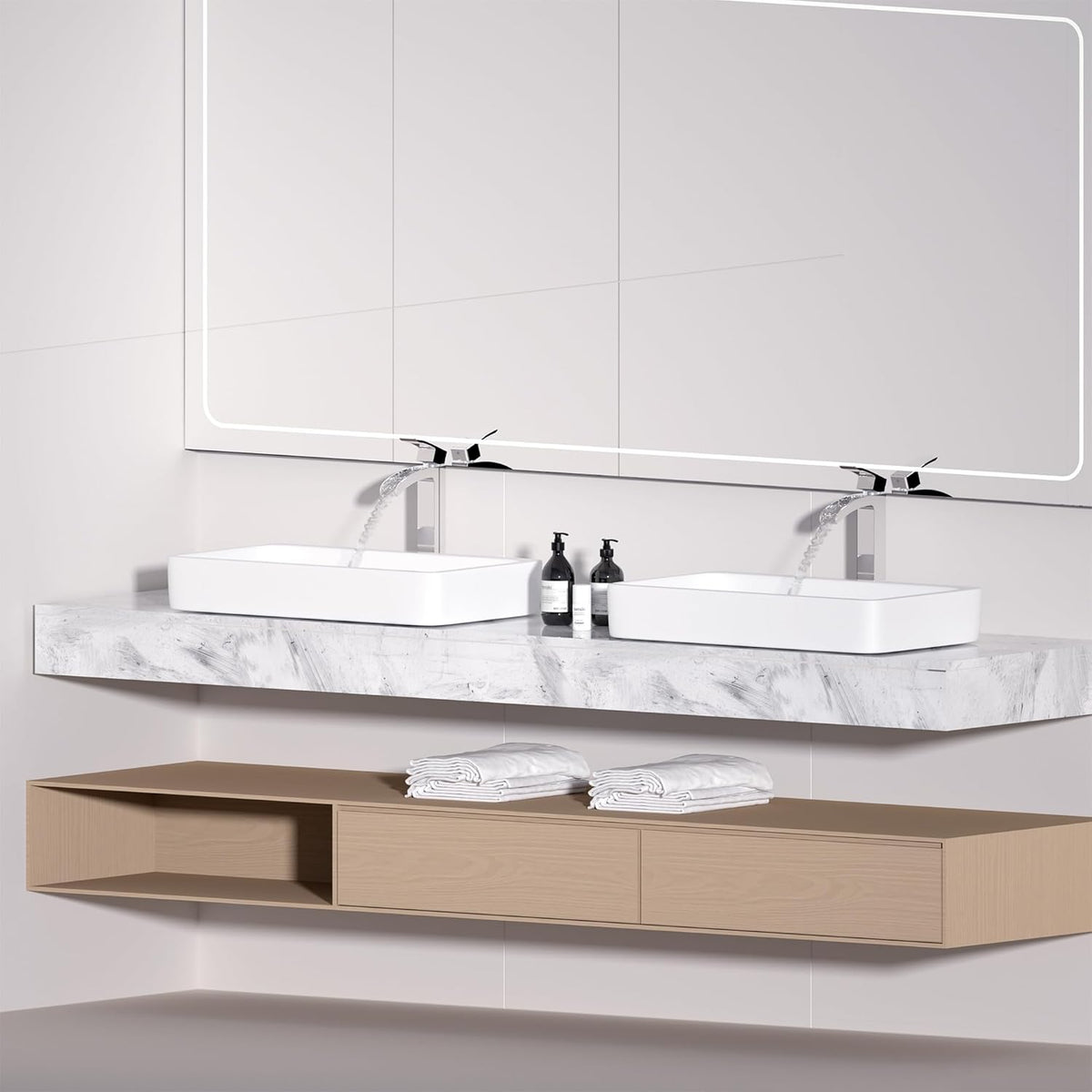 Bathroom Faucet Tall Vessel Sink Waterfall Faucet Deck Mount Single Handle Lavatory with Water Supply Line（Polished Chrome）