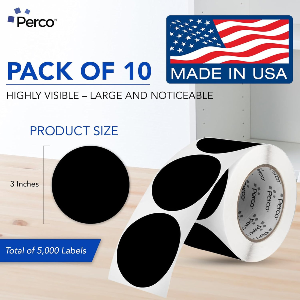 Perco Black 3-Inch Perforated Circle Dot Sticker Labels — 10 Rolls, 5,000 Round Stickers — with Permanent Adhesive for Moving Boxes, Sale Signage, Displays, Status Messaging—Made in USA