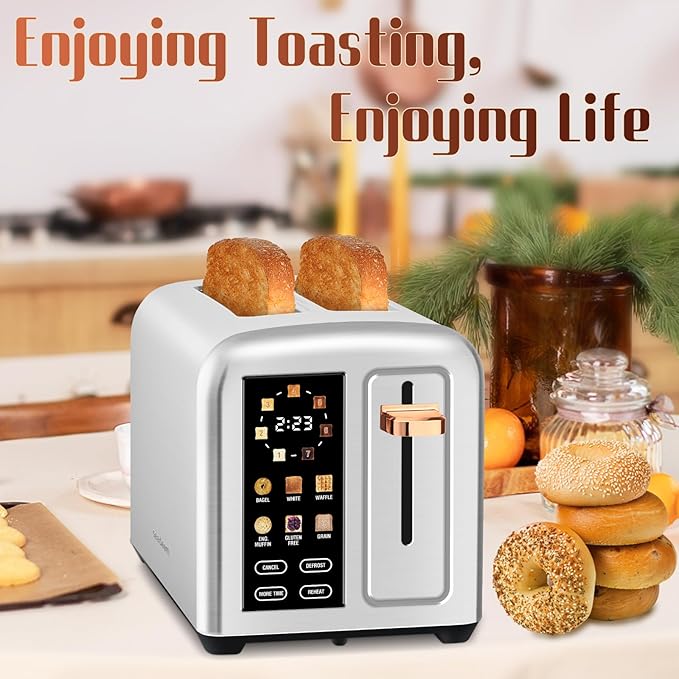 SEEDEEM Toaster 2 Slice with Touch Screen, Faster Heating Speed, 7 Shade Setting, 6 Bread Type, 1.5”Wide Slots Toaster, Removable Crumb Tray, 1350W, Silver Metallic