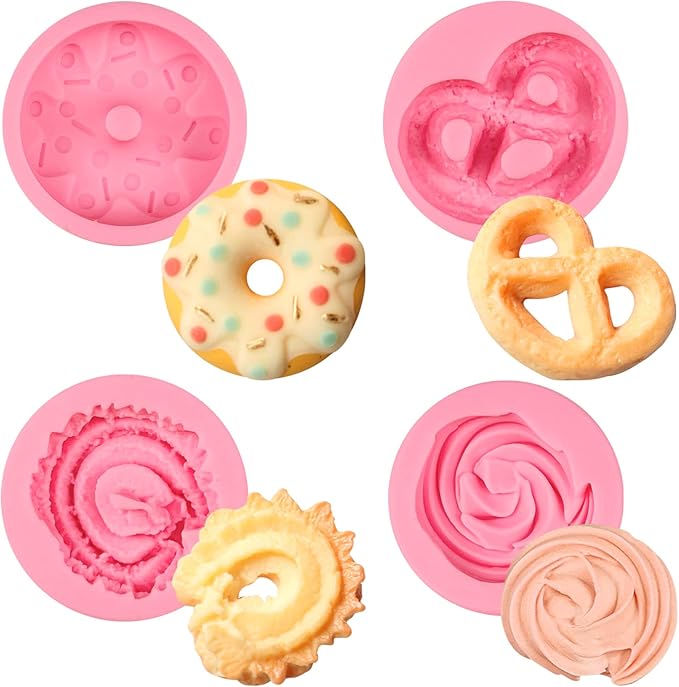 Donut Fondant Molds 4Pcs Silicone Cookie Molds for Baking Cake Decorating Candy Chocolate Flower Paste Sugar Craft Marzipan Jelly Mousse Clay Projects Resin Gypsum