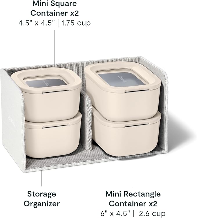 Caraway Mini Food Storage 9pc Set - Glass Storage Containers for Food - Non-Toxic Ceramic-Coated Glass - Air Release Technology - Compact & Stackable Design - Cream