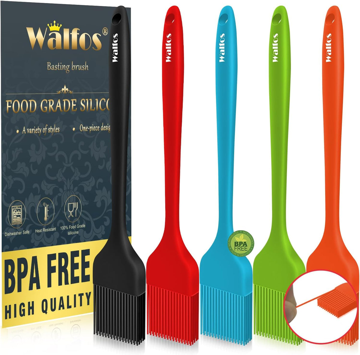 Walfos Silicone Pastry Brush, Heat Resistant Basting Brush Set, Perfect for Baking,BBQ Grill,Kitchen Cooking,Strong Steel Core and One-Pieces Design,BPA Free and Dishwasher Safe (5 Pcs)
