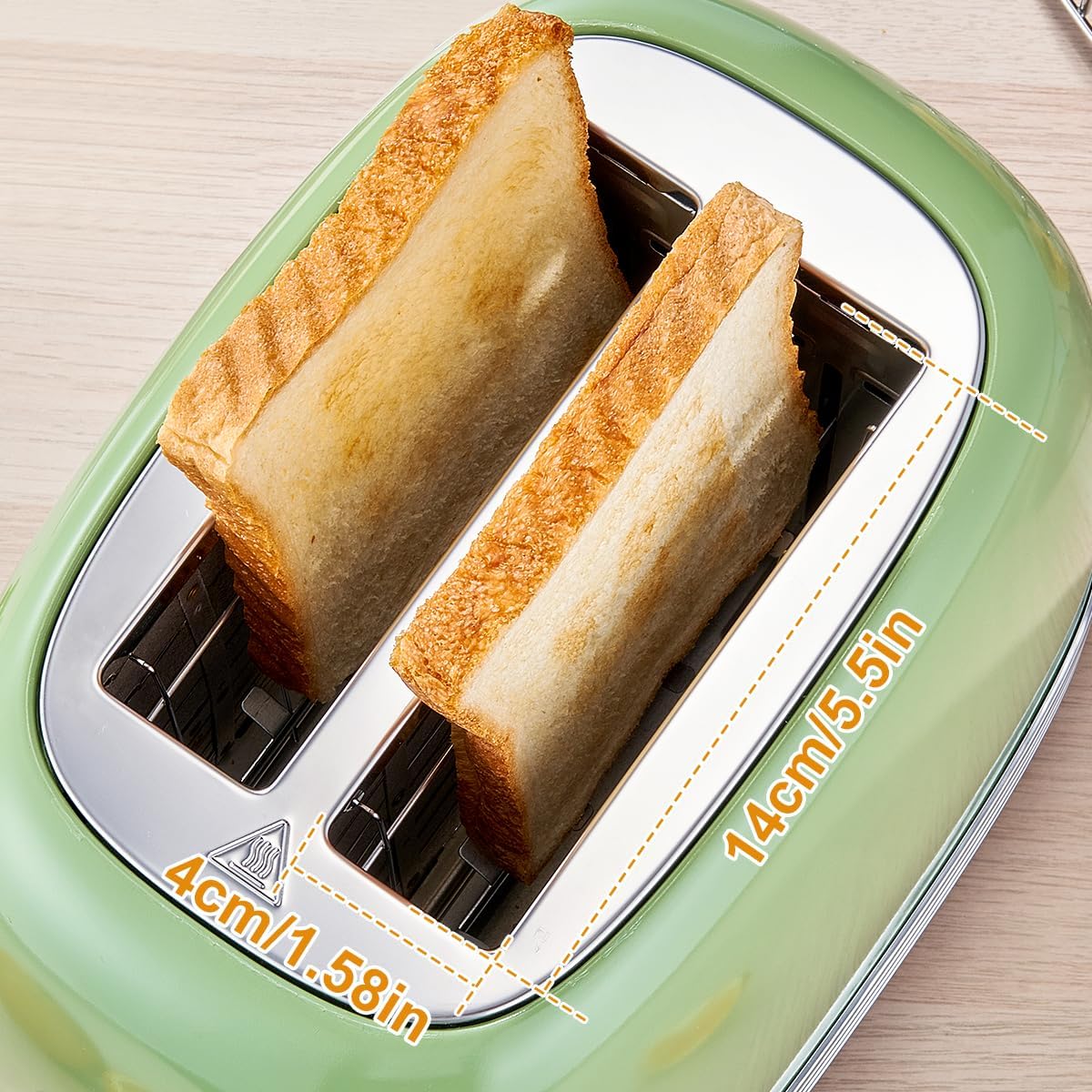 Green Cute Retro Toaster 2 Slice with 1.58" Wide Slots, with Stainless Steel Lid, with Warming Rack, Preheat, Defrost, Countdown Timer Display