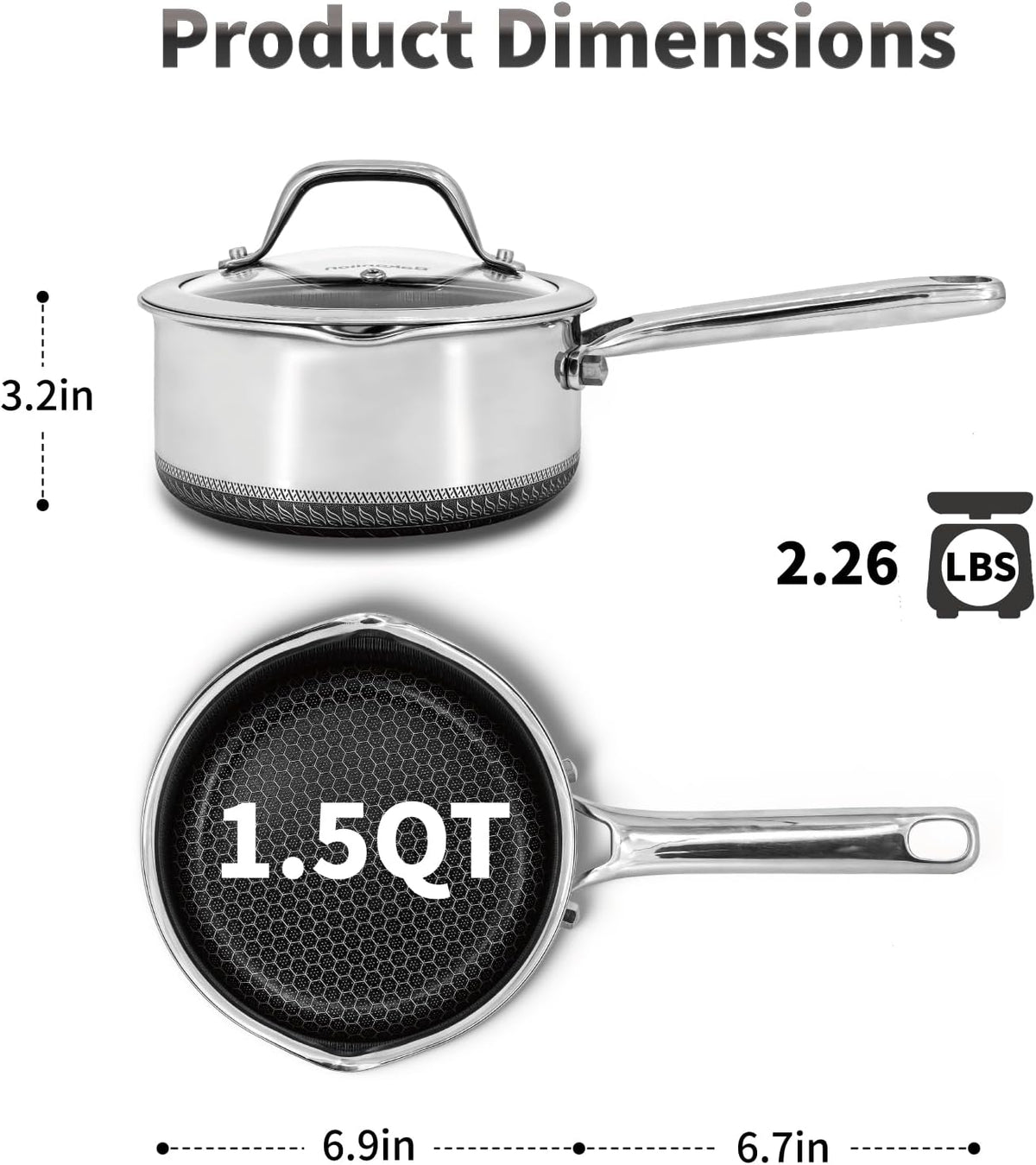 Hybrid Nonstick 1.5 QT Saucepan with Lid, Stainless Steel Honeycomb Pot with Two Pour Spouts,Compatible with All Cooktops,Dishwasher and Oven Safe
