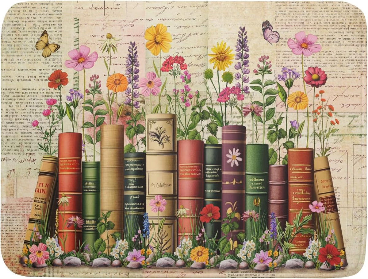 Vintage Books Dish Drying Mat - Retro Flower Kitchen Countertop Cloth Pad 18 x 24 In