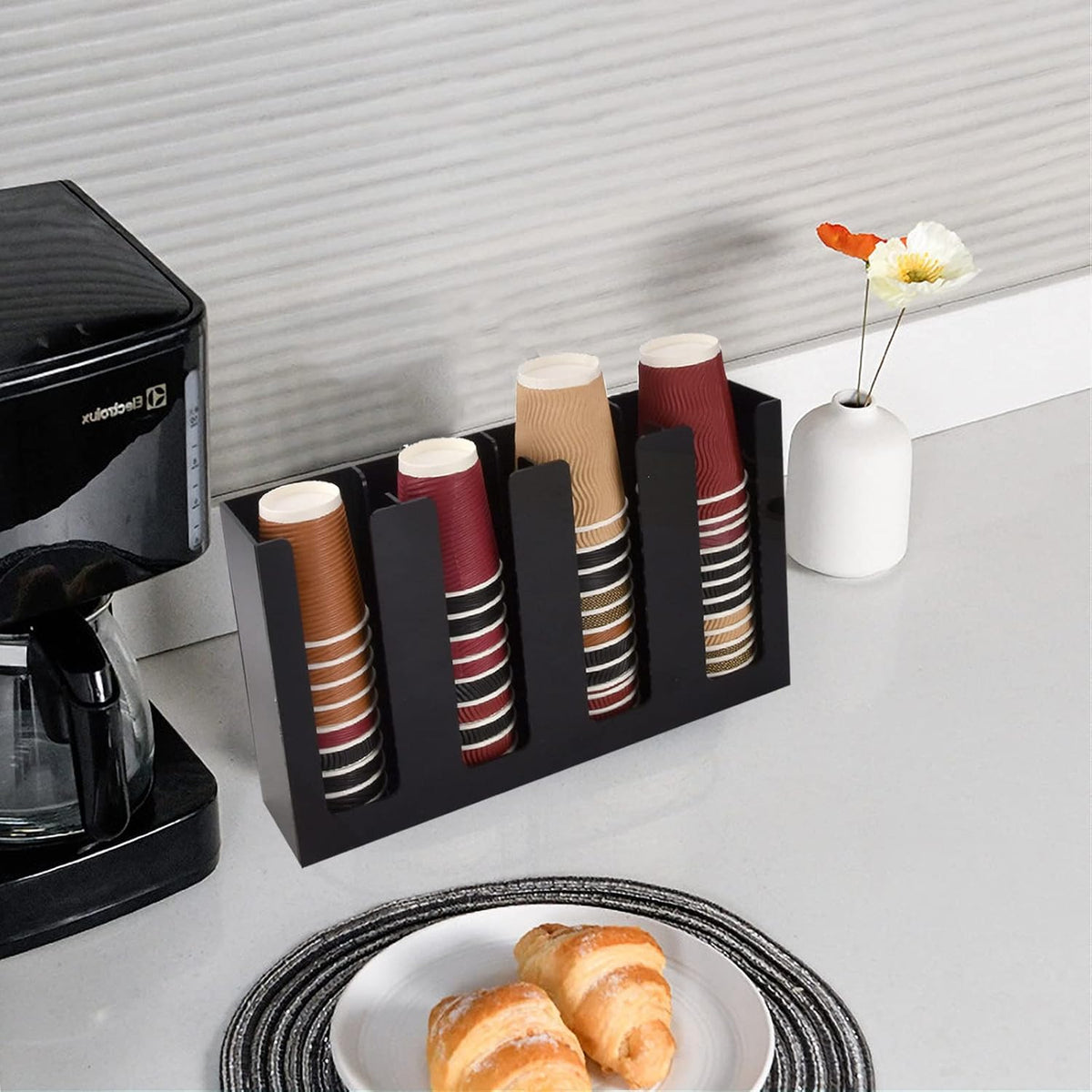 Tirifer Disposable Coffee Cup Dispenser Organizer Paper Cup Lid Sleeve Holder Presentation Storage Coffee Milk Tea Shop Restaurant Accessories Halloween Party Supplies, 4 Compartments