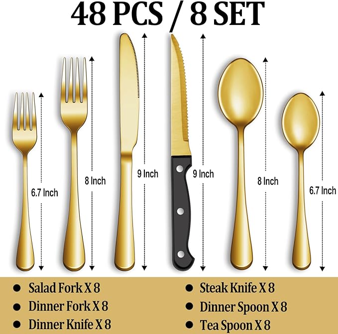 48 Pcs Gold Silverware Set with Steak Knives, Stainless Steel Flatware Cutlery Set Service for 8, Kitchen Tableware Sets, Utensil Sets for Home and Restaurant, Knives Forks Spoon, Dishwasher Safe