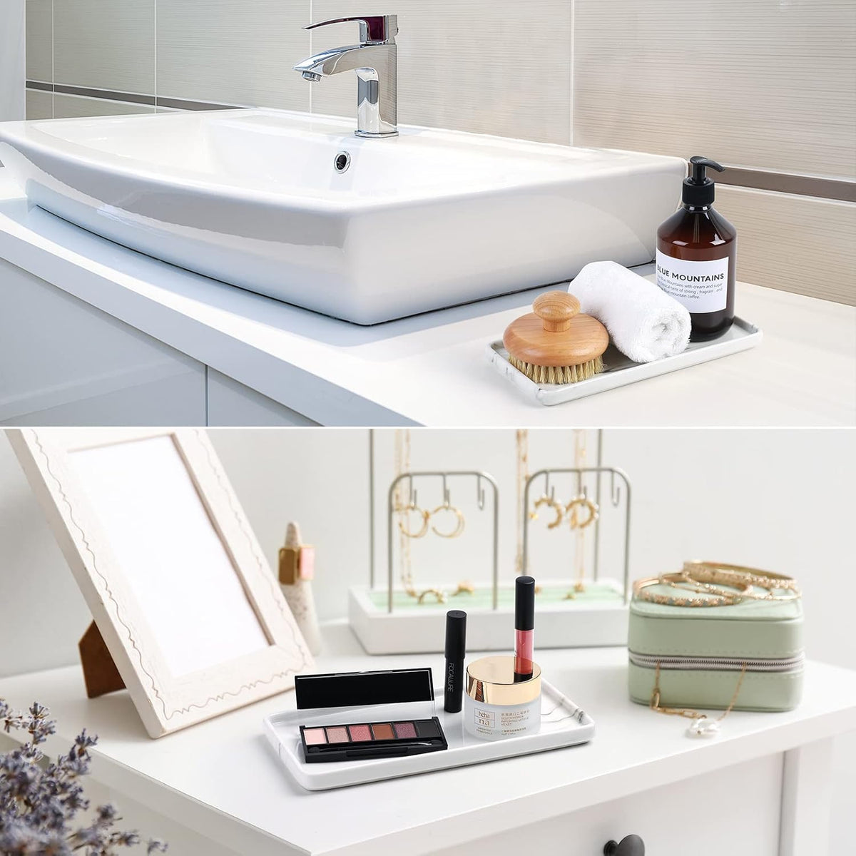 Gurygo 10" Bathroom Tray for Counter, Ceramic Vanity Trays for Bathroom, Small Rectangle Ceramic Trays, Kitchen Soap Ceramic Tray for Kitchen Counter, (Marble White, Set/1)