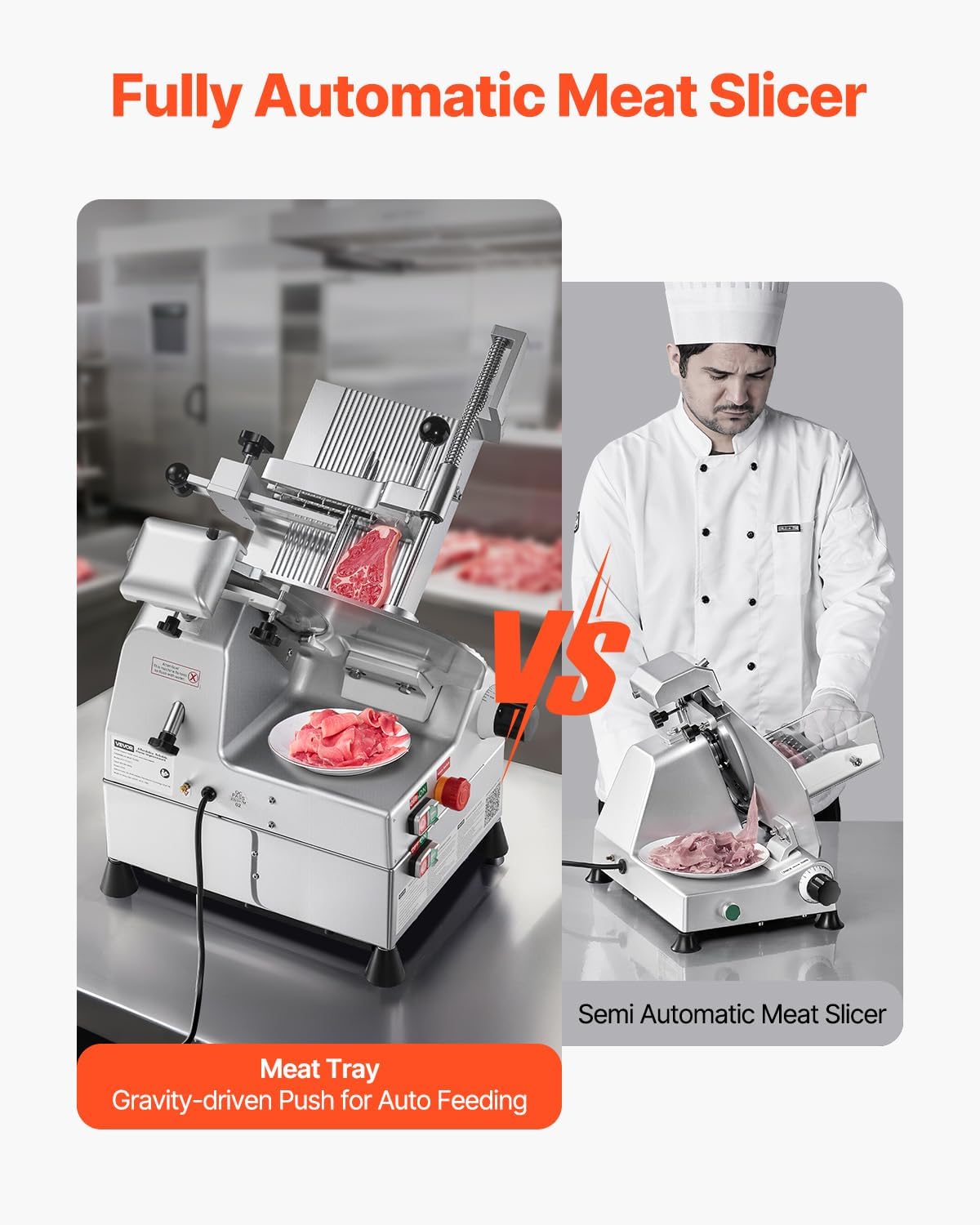 VEVOR Automatic Meat Slicer, 500W Electric Deli Slicer Machine with 10 inch Sharp 75Cr1 Steel Blade, 0-0.67 inch Adjustable Thickness, 633 RPM Fast Slicing, for Frozen Meat, Hard Cheese, and Bread