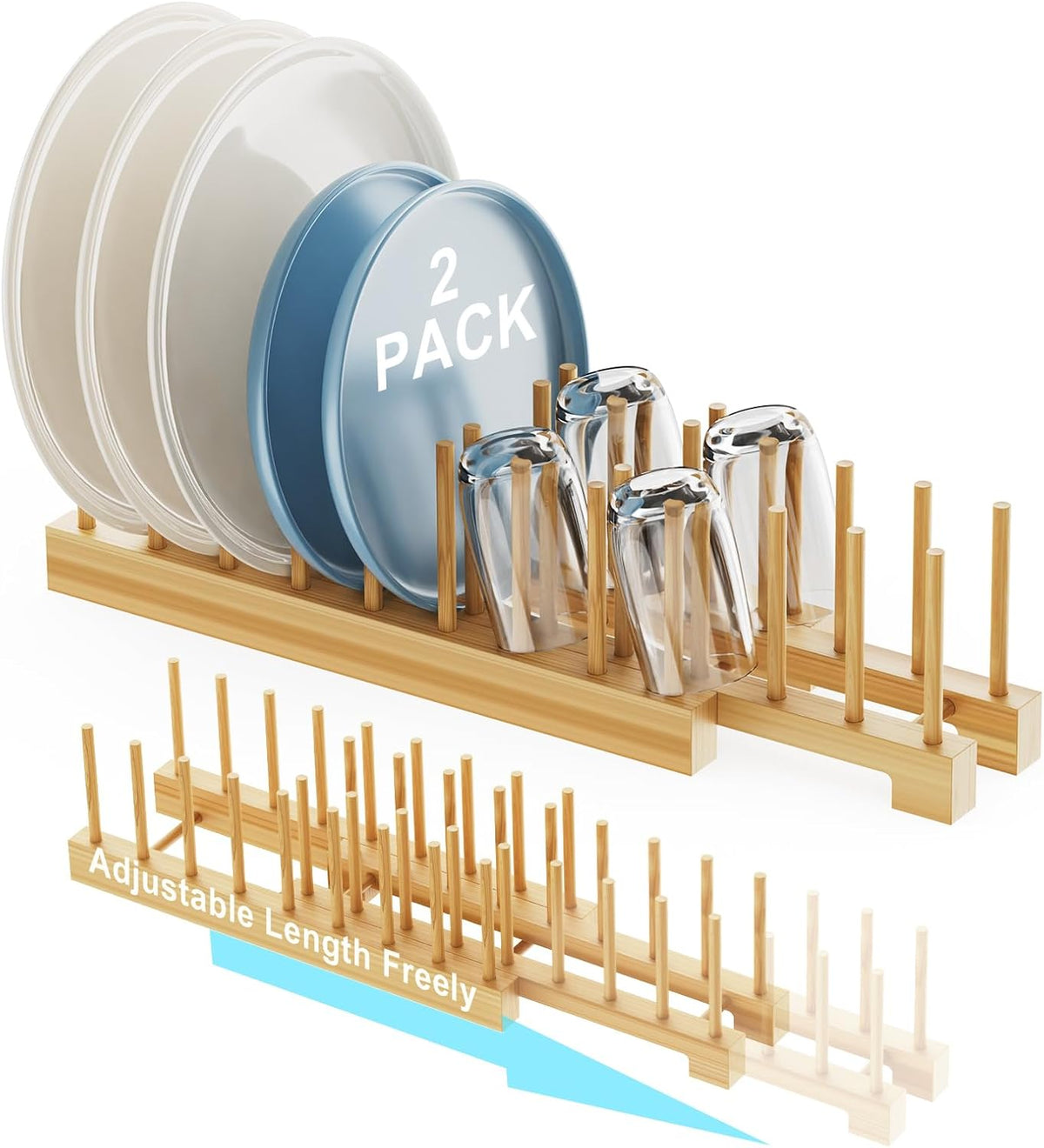 Bamboo Dish Rack - Expandable Plate Rack & Dish Drying Rack for Kitchen Cabinet Storage, Adjustable Multi-Functional Design Organizer for Plates, Cups, Pots, Cutting Boards (Natural Bamboo) 2 PACK