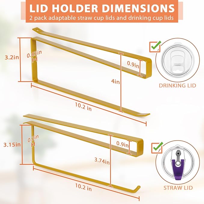 2 Pack Tumbler Lid Organizer, Horizontal Tumbler Lid Storage Hook Up to 20 Lids, Space Saving Cup Lid Holder Under Cabinet Tumbler Lid Hook for Kitchen Organizer, Paper Towel Hanger(Round&Flat, Gold)