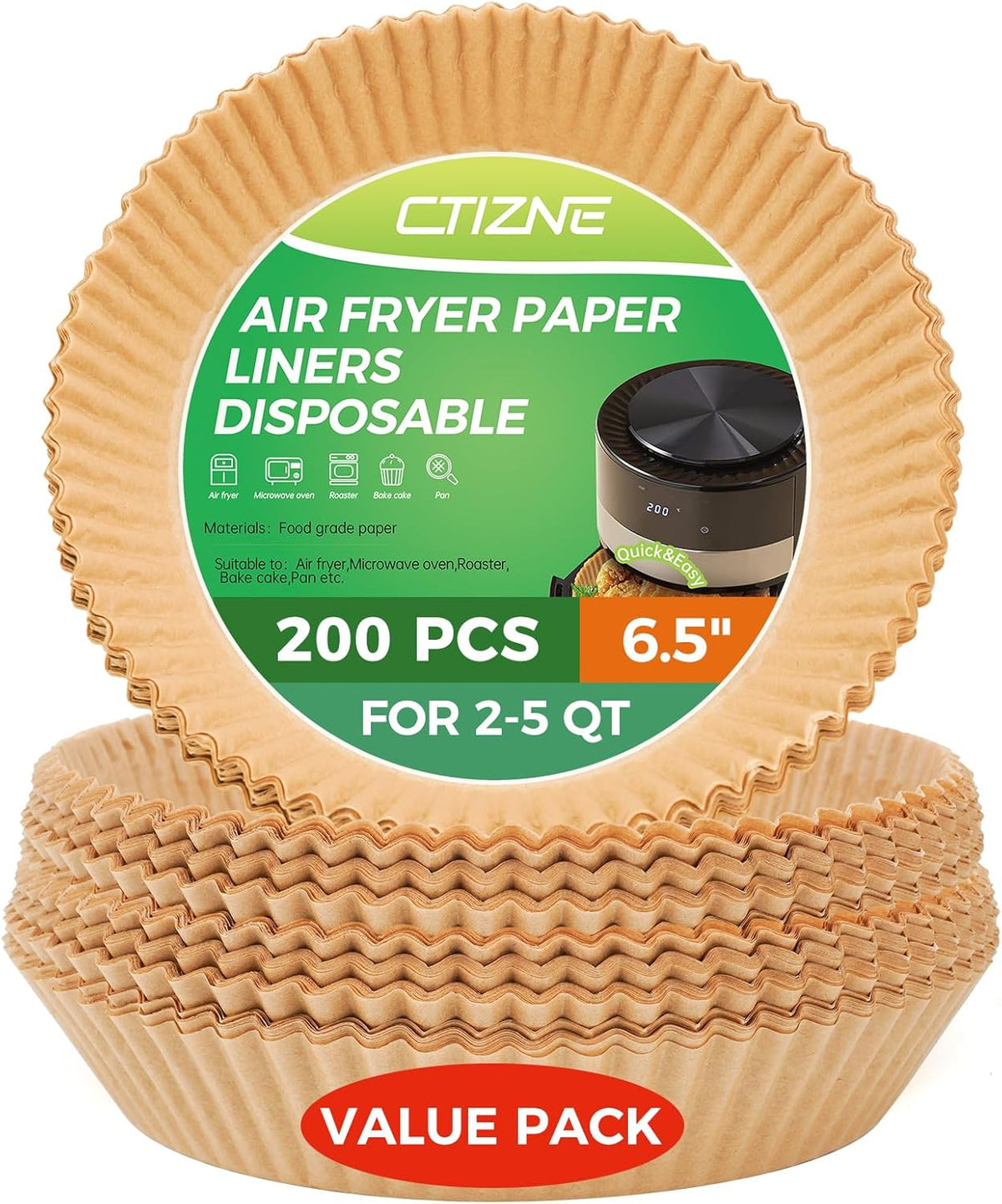 Ctizne Disposable Air Fryer Liners, 200PCS 6.5In Round Parchment Paper Liner for Baking Roasting, Non Stick Oilproof Microwave Oven Air Fryer Accessories