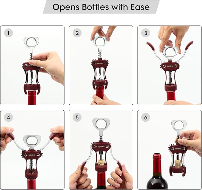 Beneno Wine Opener, Zinc Alloy Premium Wing Corkscrew with Multifunctional Bottles Opener, Sharp Wine Corkscrew with Ergonomic Non-Slip Wing Handle, Upgrade Purple