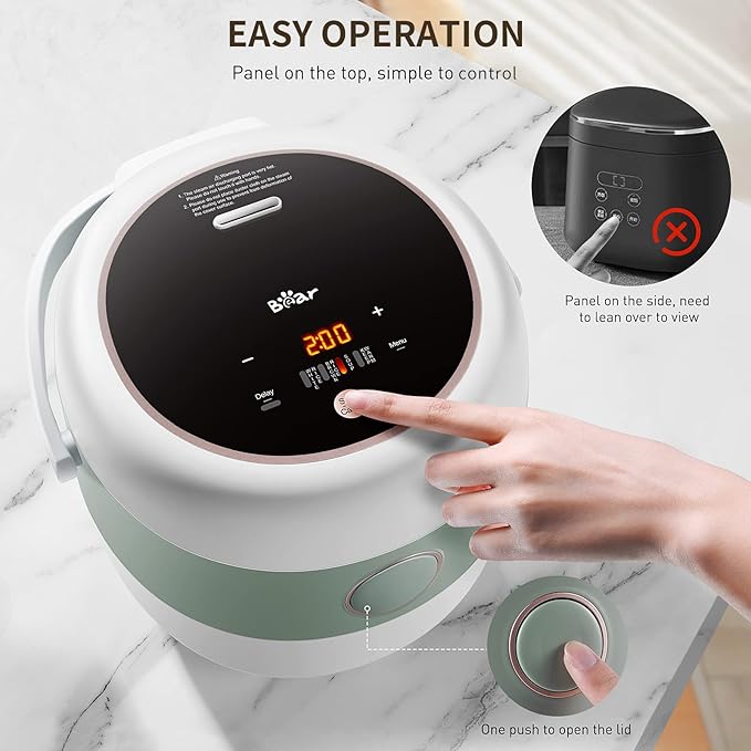 Bear Rice Cooker 3 Cups (Uncooked), 3D Heating and Fuzzy Logic, Healthy Nonstick Small Rice Cooker, PFAS-Free, Touch-Screen, for White/Brown Rice Quinoa Oatmeal Soup