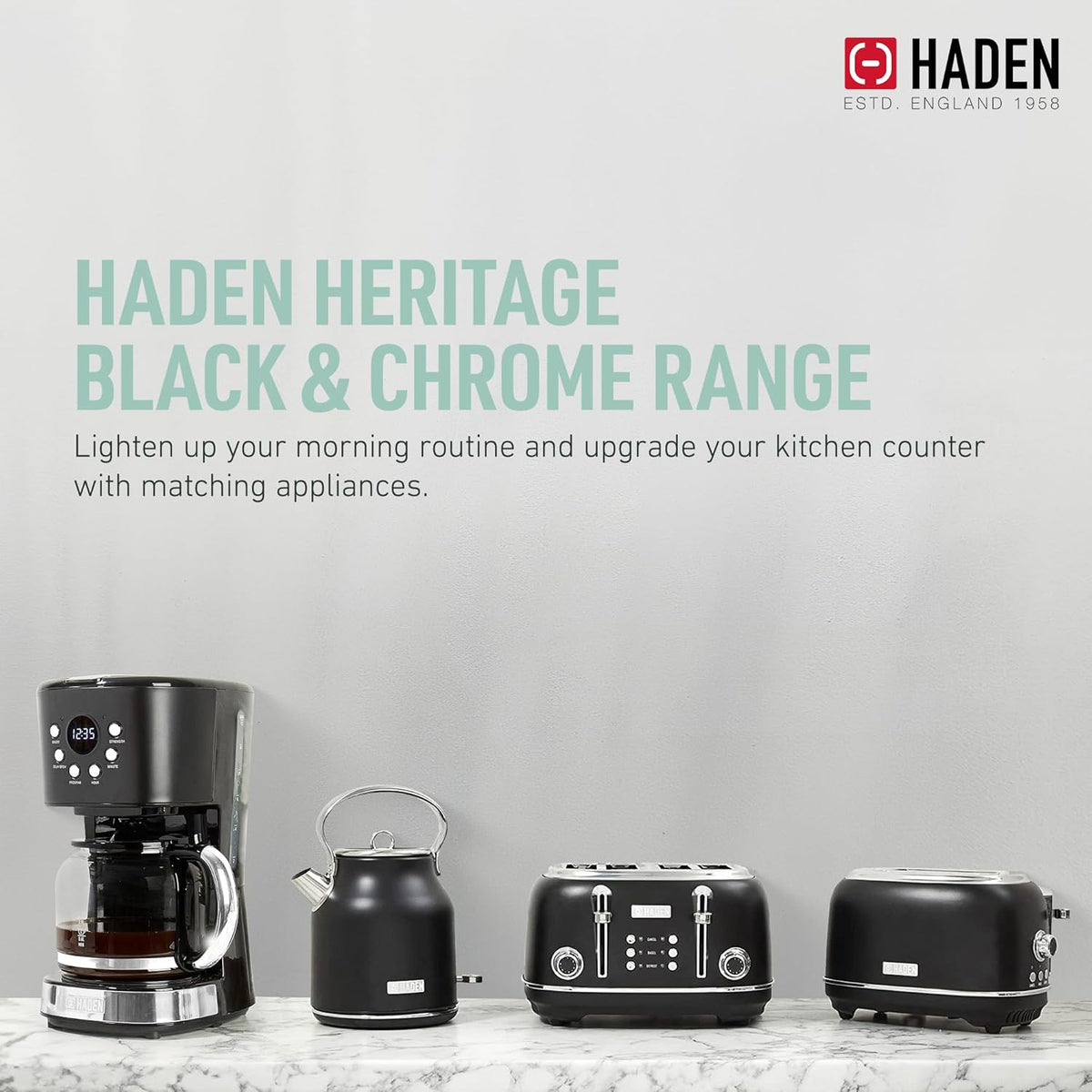HADEN Heritage 1.7 Liter Stainless Steel Electric Kettle, Hot Water Kettle with 360-Degree Base and Auto Shutoff, Black & Chrome