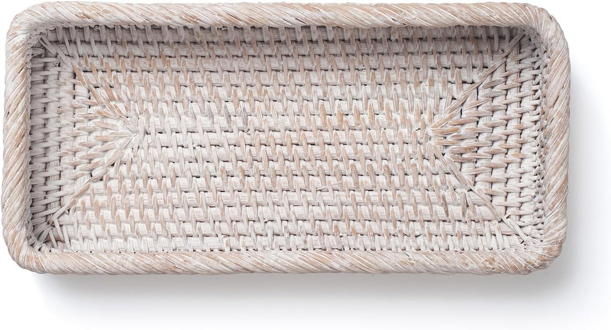 Rattan Bathroom Vanity Tray, Toilet Tank Tray, Toilet Basket Tank Topper, Bathroom Basket for Organizing and Decor (Whitewash, 10.2" x 4.9" x 1.6")