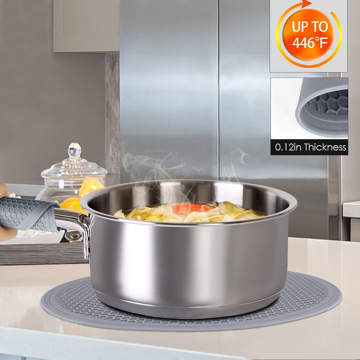 12 Inch Multi-Purpose Silicone Mat, As Drying Mat, Microwave Mat, Trivet, Pot Holder, Placemat, Utensils Rest, Pad for Hot Pans Plates Dishes Kitchen Countertop, Heat Resistant Mat, Light Gray 2 Pack