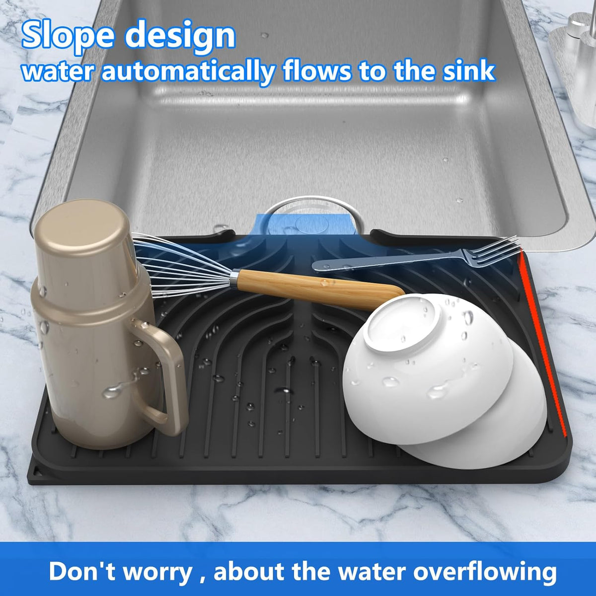 Dish Drying Matt for Kitchen Counter,14.6"×11"Silicone Dry Rack Mat with Built in Drain, Kitchen Dry Mats for Dishes Drying Pad for Counter(Black)