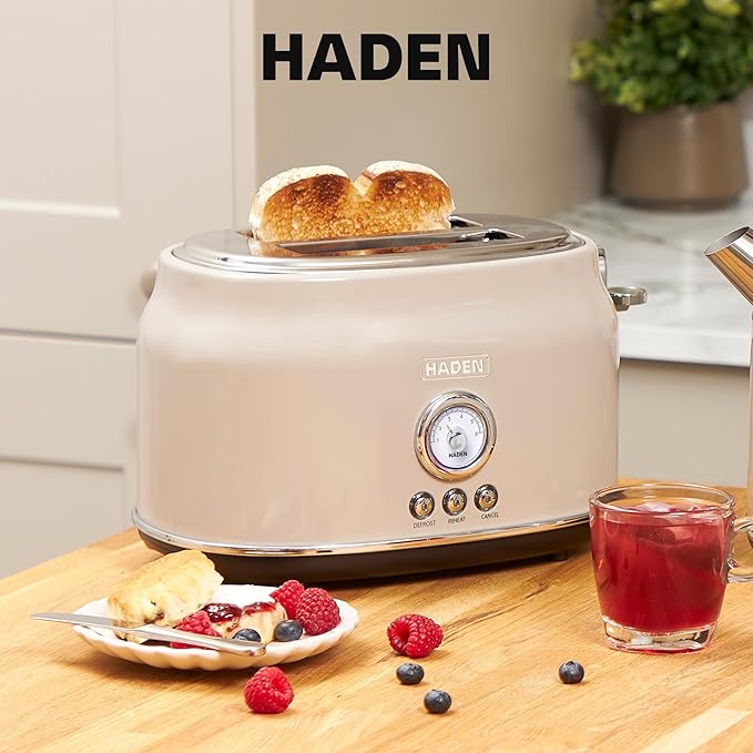 Haden Dorset 2 Slice Wide Slot Stainless Steel Toaster with Adjustable Browning Control & Non-Slip Feet, Putty & Chrome