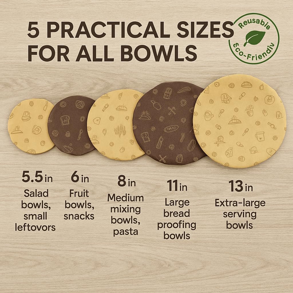 Beeswax Bowl Covers Set of 5 – Reusable Elastic Bowl Covers for Dough Proofing, Salad & Fruit Storage – Washable, Eco-Friendly Food Storage Alternative to Plastic Wrap